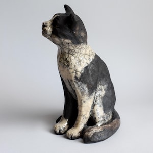 Ceramic Sculpture In Raku Technique  Black&White Cat
