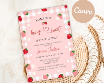 Invitación de Baby Shower de Fresa: Editable, con tema de bayas rosas (Descarga digital A125, PDF incluido)