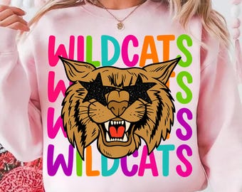 Mascota de los Wildcats de ojos estrellados de neón PNG / Sublimación para camisetas estilo preppy (Descarga digital)