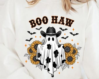 Boo Haw PNG: Fantasma vaquera, diseño de sublimación de Halloween occidental (descarga digital)
