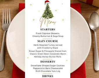 May include: A festive Christmas menu card with a Christmas tree and Santa hat graphic. The menu lists starters, main courses, desserts, and drinks, including herb-roasted turkey, snowflake-shaped sugar cookies, and Holly Berry Fizz.