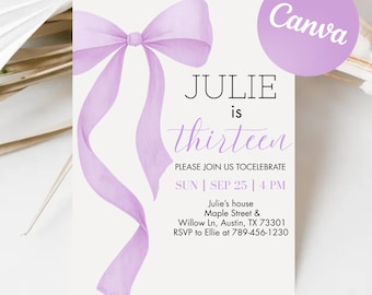 Blue Bow Birthday Invitation: Elegant Watercolor Party Invite (Canva Editable, Digital Download)