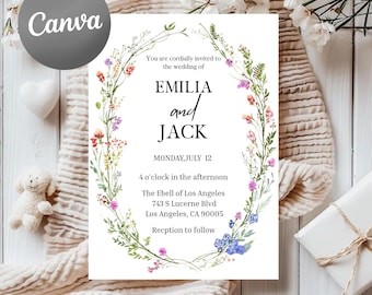 Conjunto de invitaciones de boda con flores silvestres: Plantilla floral bohemia (Canva editable, imprimible, 13x18 cm)