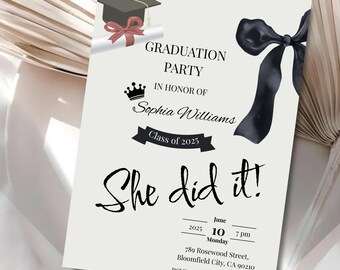 Plantilla de invitación de graduación con lazo negro / Clase de 2025 (Canva digital)