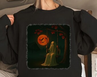 Haunted Ghost Swing PNG: Red Moon Halloween Night Design (Digital Download)