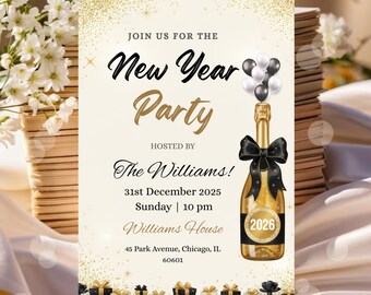 Invitación para Nochevieja con champán, estilo bohemio (plantilla editable de Canva)