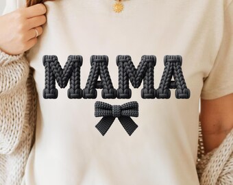 Coquette Mama PNG, Latch Hook Yarn Faux Style, Cozy Brown Knitted Letters, Handmade Tufted Sublimation Design, Trendy Mom Shirt PNG