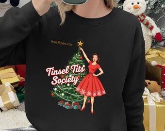 Orgulloso miembro de Tinsel Tits Society Lady Funny Christmas PNG / Diseño de camiseta navideña con humor para adultos / Archivo de sublimación navideña