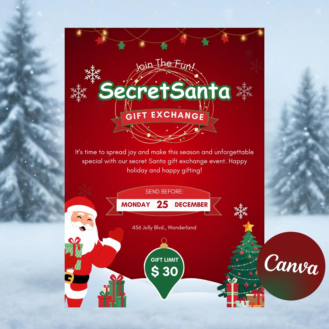 Editable Secret Santa Gift Exchange Invitation • Canva Template
