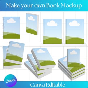 Könnte beinhalten: Verschiedene Buch-Mockups mit blauen Himmel- und grünen Landschafts-Covern. Der Text "Make your own Book Mockup" und "Canva Editable" ist enthalten. Die Bücher sind in verschiedenen Stapeln und Winkeln angeordnet.