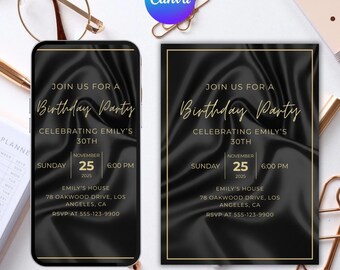 Black & Gold Birthday Invitation, Mens Party, Editable Template (PDF)