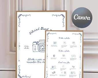 Hand Drawn Polaroid Guest Book Sign, Instax Instructions (Canva Template)