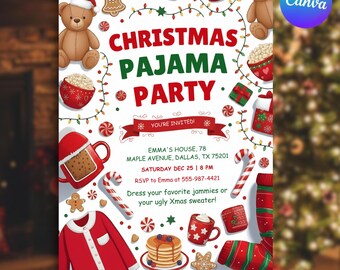 Invitación editable para fiesta de pijamas navideña, plantilla de Canva (descarga digital)