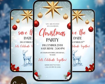 Invitación para fiesta de Navidad, invitación digital en vídeo para cena de Navidad, invitación animada para fiesta navideña, invitación electrónica para cena navideña, diseño para hacer tú mismo en Canva