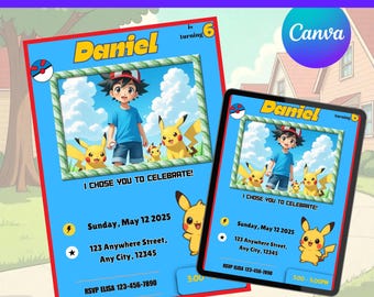 Invitación de cumpleaños de Pockeymon editable / Plantilla de Canva (Descarga digital)