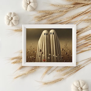 Vintage Cute Ghosts in Wildflower Meadow Print, Spooky Halloween Fall Painting Printable Wall Art, Moody Ghosts Autumn Decor Digital