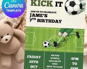 Plantilla editable de invitación de cumpleaños de fútbol, invitación de fútbol, invitación de fútbol infantil, descarga instantánea, Canva. ¡A jugar al fútbol!