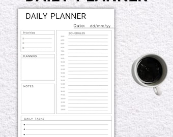 Planificador diario minimalista imprimible: lista de tareas, horario (PDF en A4, A5, carta y media carta)