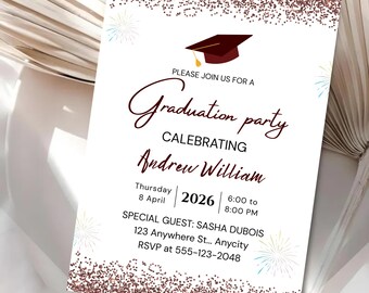Invitación a fiesta de graduación color granate, promoción de 2025, plantilla editable de Canva (descarga digital)