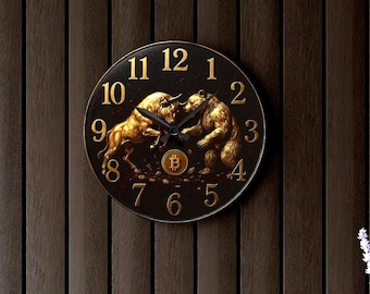 Bitcoin Wall Clock | Acrylic Clock | Bull vs Bear Trading Gifts | Crypto Art | Acrylic Wall Decor | Finance Wall Clock
