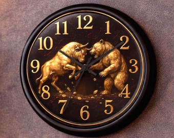 Bull and Bear Wall Clock, Stock Market Decor, Trading Office Gift, Silent Modern Clock
