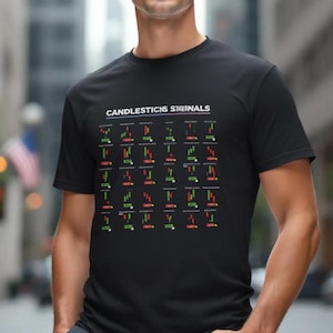 Könnte beinhalten: Schwarzes T-Shirt mit dem Text "CANDLESTICKS SIGNALS" über einem Raster aus grünen und roten Candlestick-Mustern. Das T-Shirt wird von einer Person im Freien getragen.