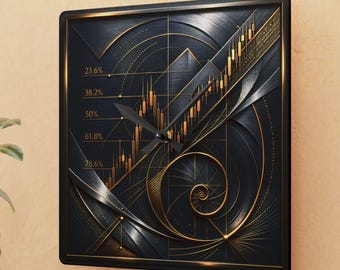 Fibonacci Spiral Market Chart Acrylic Wall Clock | Day Trading Wall Art | Gold Black Geometric | Trader Gifts
