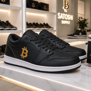 Könnte beinhalten: Ein Paar schwarze Ledersneaker mit einem goldenen Bitcoin-Logo an der Seite, schwarzen Schnürsenkeln und einer weißen Gummisohle. Ein kleines schwarzes Schild neben den Schuhen zeigt den Text Satoshi Supply mit einem goldenen Bitcoin-Symbol.