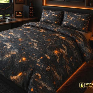 May include: A bed with a black and gold Bitcoin-themed comforter set. The comforter and pillowcases feature a circuit board design with Bitcoin symbols. The room includes Bitcoin-related artwork and a desk with computer monitors. The time on the clock is 21:00.