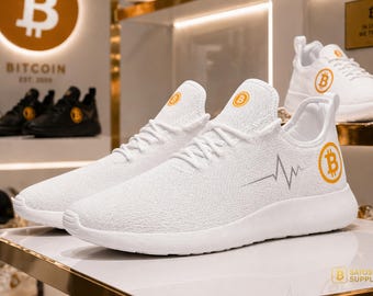 Bitcoin Sneakers – Crypto Shoes | Unisex White Mesh Sneakers with BTC Logo | Blockchain streetwear