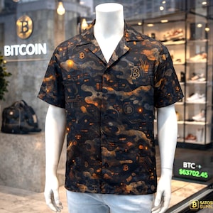 Bitcoin Shirt Men, Crypto Hawaiian Shirt, BTC Streetwear, Camouflage Camp Shirt