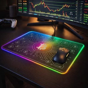 Bitcoin Mousepad with Wireless Charging – Light-Up Gaming Pad 35×25.5 cm | RGB Desk Mat, Non-Slip, Crypto Gift