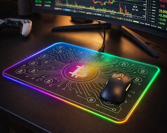 Tapis de souris Bitcoin avec chargement sans fil – Tapis de jeu lumineux 35 × 25,5 cm | Tapis de bureau RGB, antidérapant, cadeau crypto