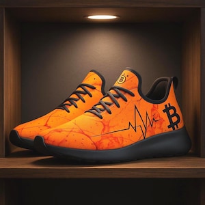 Könnte beinhalten: Ein Paar orangefarbene Sneaker mit einem schwarzen Bitcoin-Symbol und einer Herzschlag-Grafik an der Seite. Die Schuhe haben schwarze Schnürsenkel, eine schwarze Sohle und ein kreisförmiges Logo mit einem B und zwei Sternen auf der Zunge.