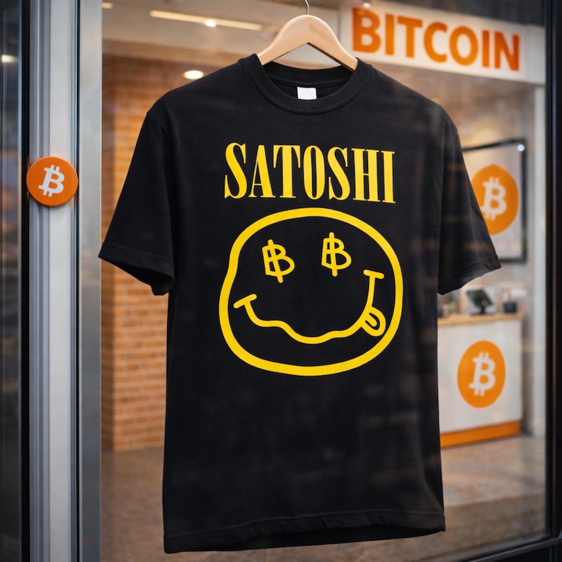 T-shirt Satoshi Smiley – T-shirt Bitcoin en coton épais noir – Cadeau crypto image 1