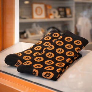 Bitcoin Socks | Crypto Logo Socks | Black & Orange BTC Crew Socks | Crypto Gift for Traders | Blockchain streetwear