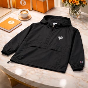 Bitcoin Windbreaker | Champion® Packable Anorak Jacket | Bitcoin Embroidery | Lightweight Raincoat | Crypto Travel Outdoor Gear