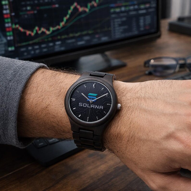 Solana Wooden Watch • Crypto Wrist Watch • 45 mm Italian Olive Lumber • Japanese CITIZEN Quartz image 2