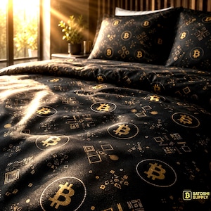 May include: Black bedding set with a repeating gold Bitcoin symbol pattern. The set includes a comforter and two pillows. The Bitcoin symbol is in a circle. The Satoshi Supply logo is in the bottom right corner.