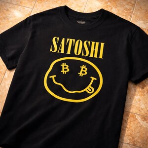 T-shirt Satoshi Smiley – T-shirt Bitcoin en coton épais noir – Cadeau crypto image 5