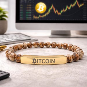 Può includere: Braccialetto di perline con perline di pietra marrone e beige. Un elemento di accento rettangolare color oro è inciso con la parola "BITCOIN". Il braccialetto è esposto su una superficie grigio chiaro.