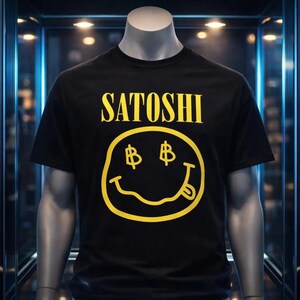 T-shirt Satoshi Smiley – T-shirt Bitcoin en coton épais noir – Cadeau crypto image 4