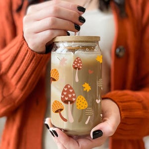 Fall Mushroom Glass Cup with Bamboo Lid | Autumn Aesthetic Can Glass | 16oz Iced Coffee Cup | Cute Fall Tumbler with Straw | Cottagecore