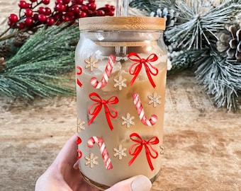 Candy Cane Christmas Glass Tumbler – 16oz Iced Coffee Cup with Lid & Straw