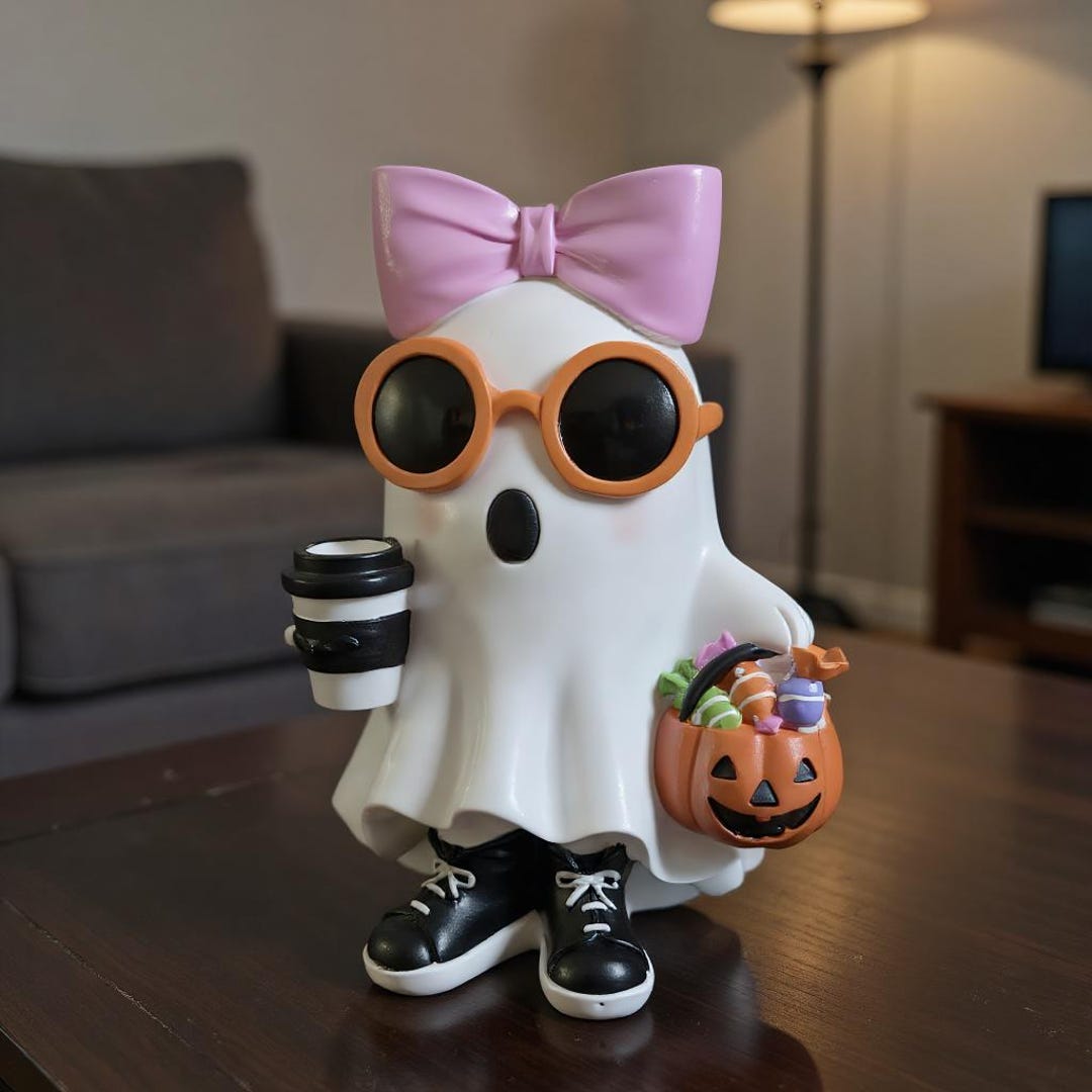 7.8 Inch White Ghost Girl Figurine With Pink Bow & Hot Drink – Cute ...