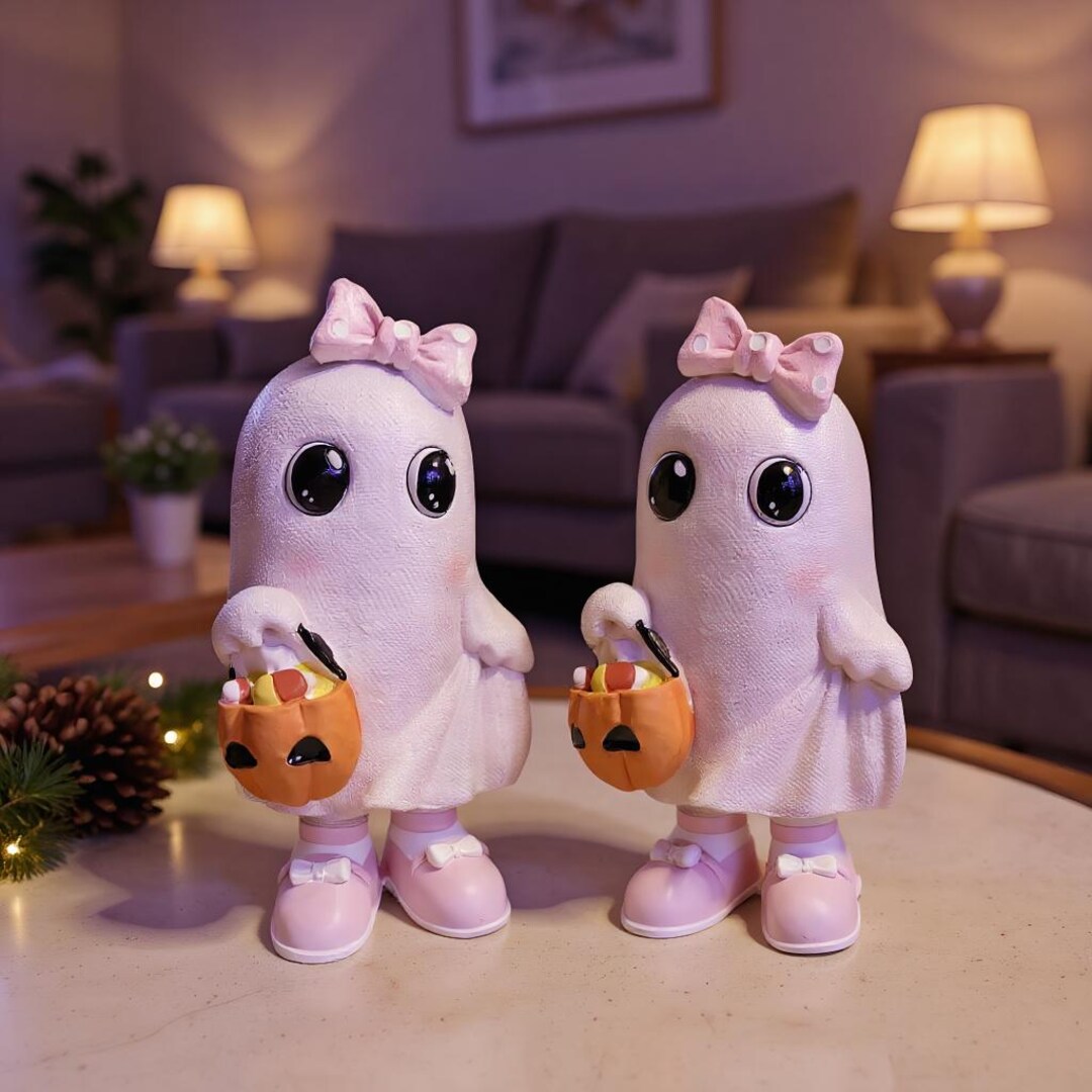White Ghost Girl Figurine With Pink Bow – Cute Resin Halloween Decor ...
