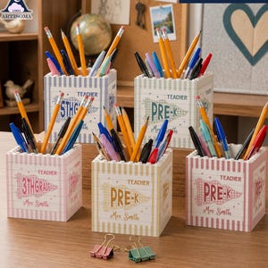 Teacher Pencil Holder With Pennant Flag And Custom Grade, Teacher Name Brick Pencil Pot, Back to School, Desk Organizer Gift For Teacher