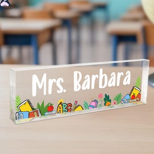 Personalized Teacher Desk Name Plate: Custom Acrylic Plaque with Wood Base