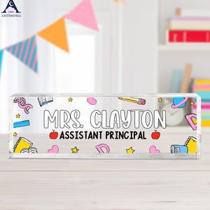 Personalized Teacher Name Plate: Acrylic Desk Sign with Wood Base