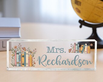 Personalized Teacher Name Plate: Custom Acrylic Desk Sign with Wood Base